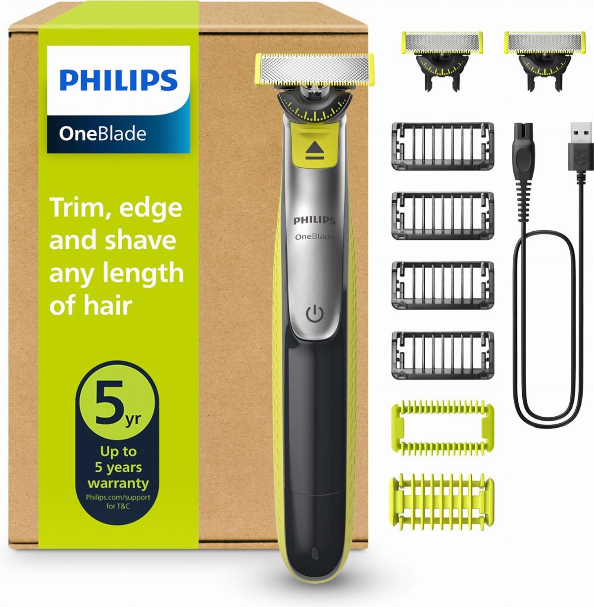 Philips OneBlade 360 Authentique Visage + Corps - Tondeuse à barbe électrique, , 2 lames 360, 4 sabots barbe de 3 jours, 1 kit