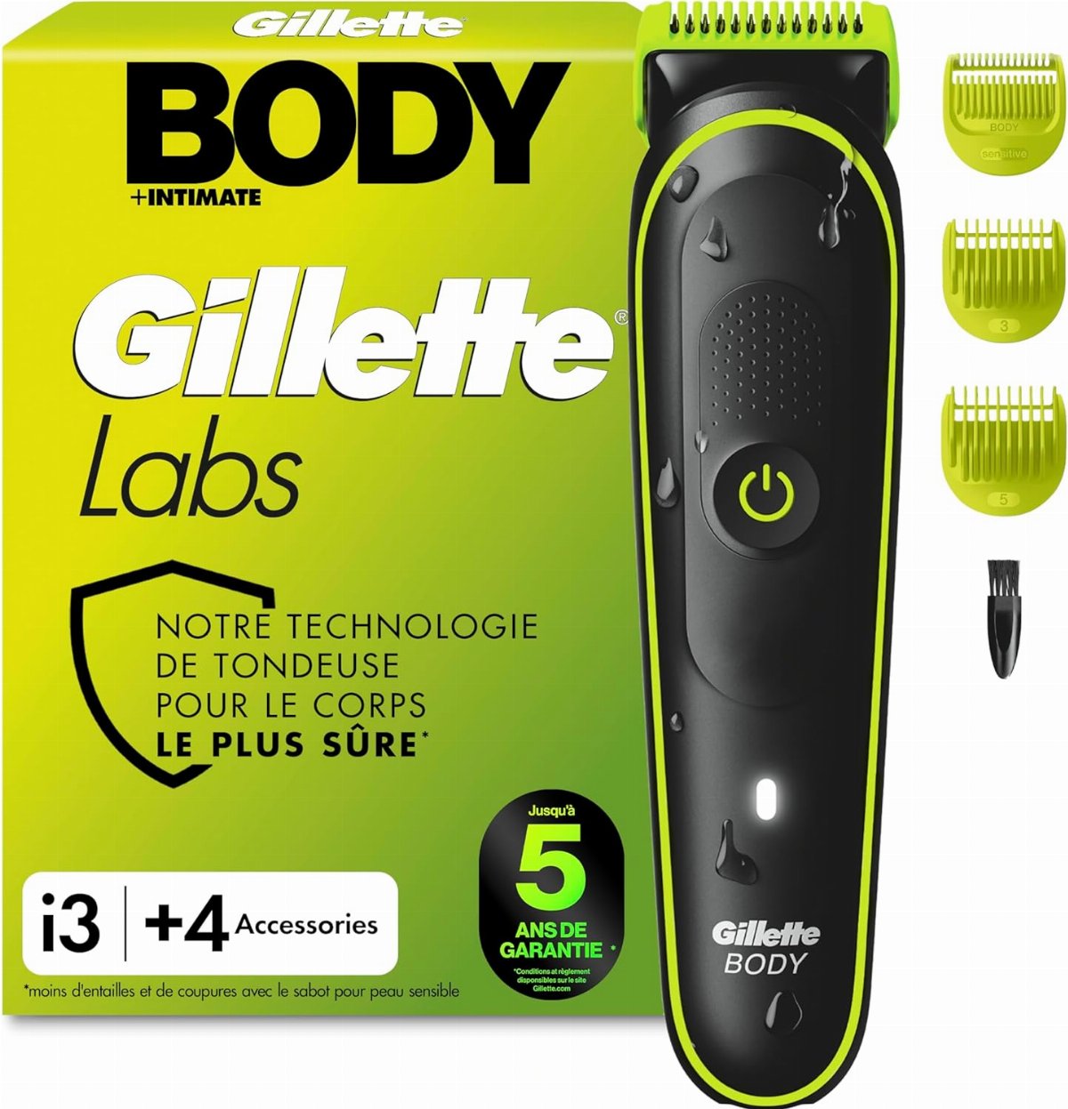 Gillette Labs Body + Intimate Tondeuse Homme i3, 4 Accessoires, Noire