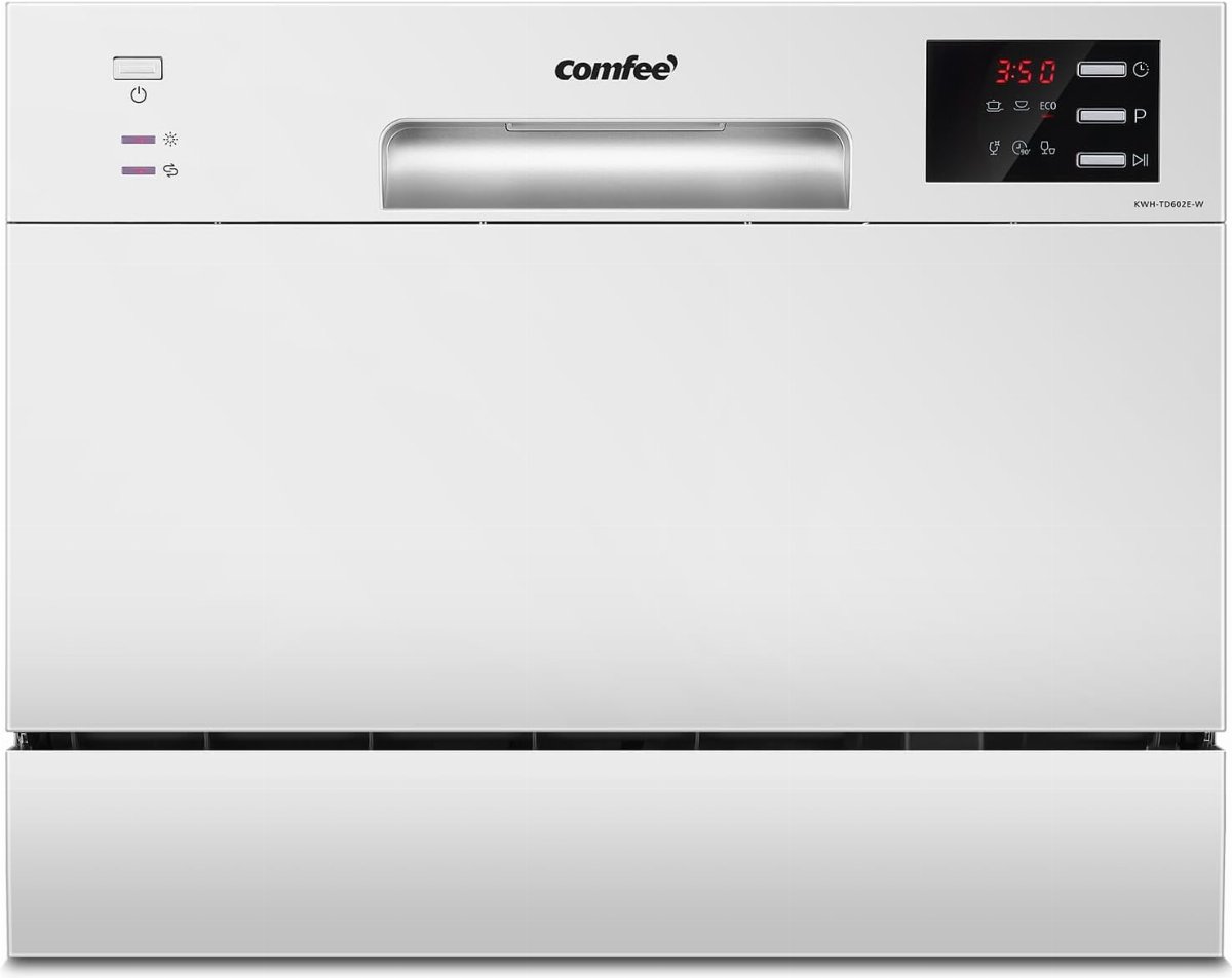 Lave-vaisselle COMFEE' TD602E-W Compact, 6 Couverts, 6 Programmes, Blanc | "Écran LED, Démarrage Différé, Niveau Sonore 47 dB, Consommation d'eau réduite et économie